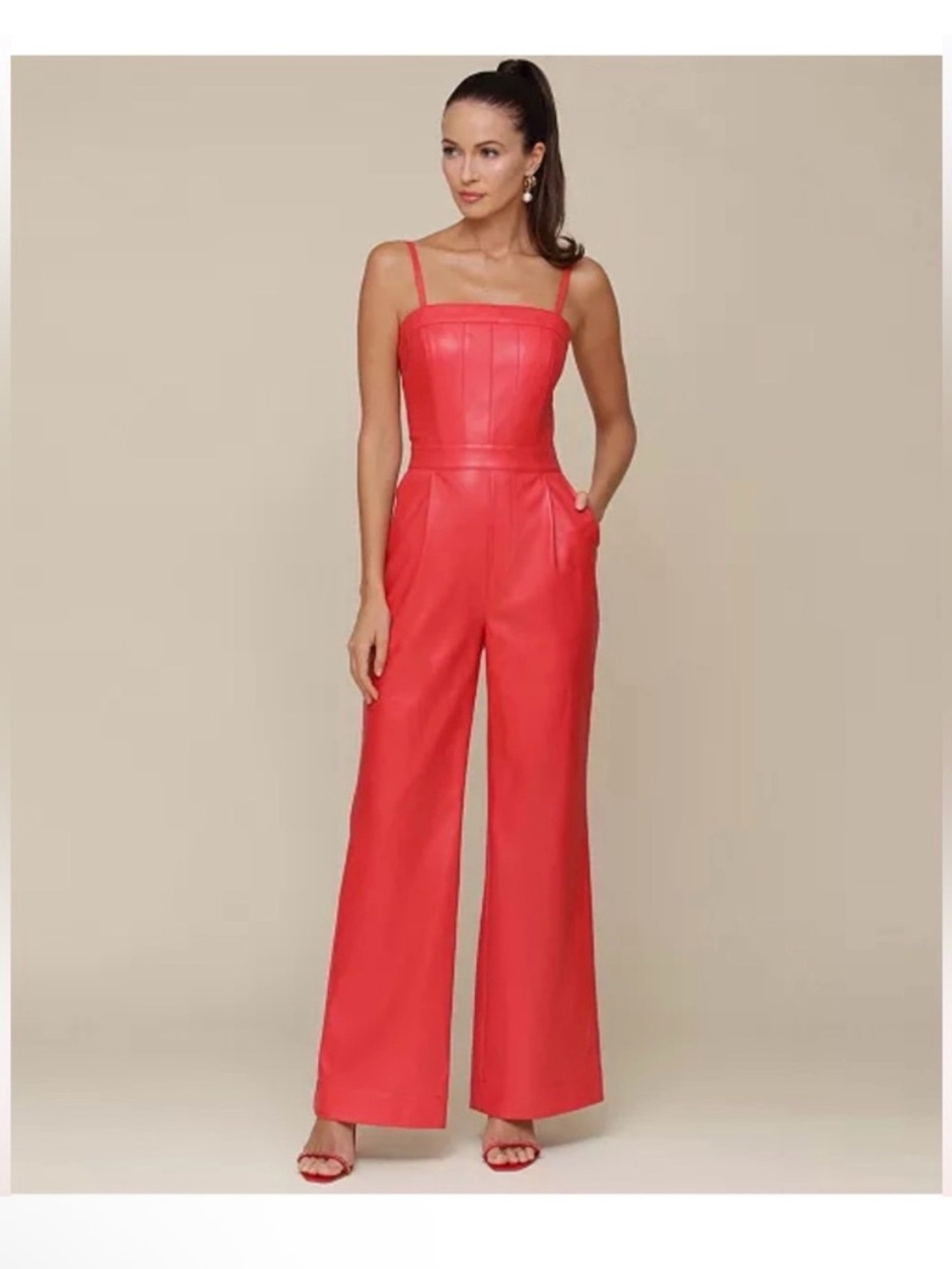 Avec Les Filles Faux Leather Red Jumpsuit with Wide Legs - tiny call out